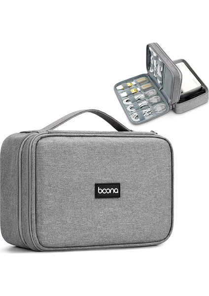 Baona BN-B004 Organizatör Çantası Büyük Çift Katmanlı Saklama Çantası USB Kabloları/şarj Cihazları/güç Bankası/usb Flash Sürücü/cep Telefonu Için Çizilmez Kılıf-Gri (Yurt Dışından)