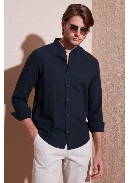 Keten Görünümlü Pamuklu Regular Fit Hakim Yaka Gömlek Erkek Gömlek CF25S112637