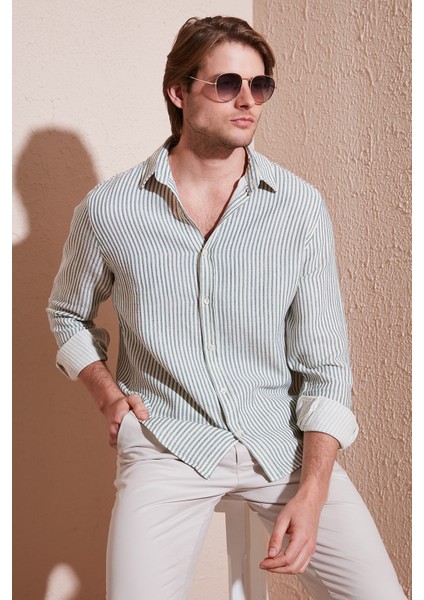 Çizgili Regular Fit Pamuklu Uzun Kollu Gömlek Erkek Gömlek CF25S129721