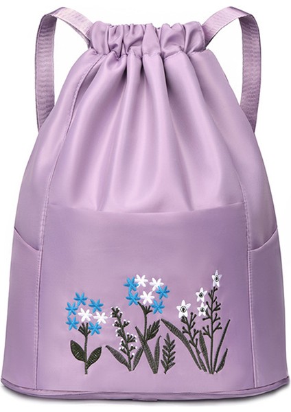 Çiçek Nakış Ipli Sırt Çantası Su Geçirmez Oxford Kumaş Katlanabilir Omuz Çantası-Açık Mor (Yurt Dışından)