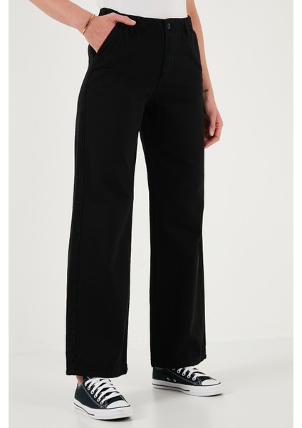 Pamuklu Standart Fit Yüksek Bel Geniş Paça Pantolon Bayan Pantolon 668YP5344 modelleri