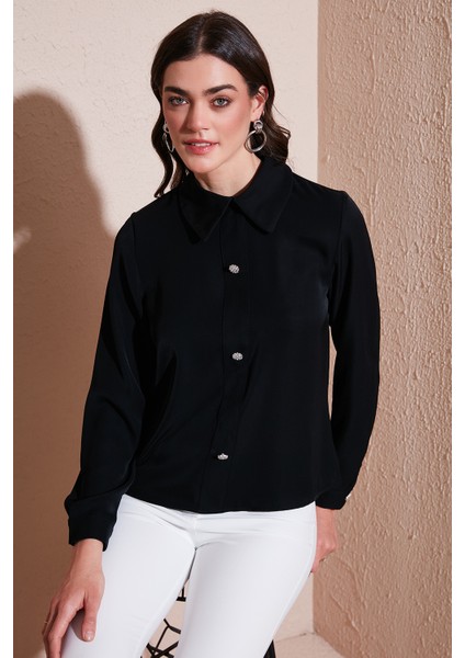 Taşlı Regular Fit Gömlek Yaka Fermuarlı Bluz Bayan Bluz 611BZ0493