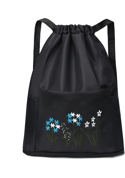 Çiçek Nakış Ipli Sırt Çantası Su Geçirmez Oxford Kumaş Katlanabilir Omuz Çantası-Siyah (Yurt Dışından)