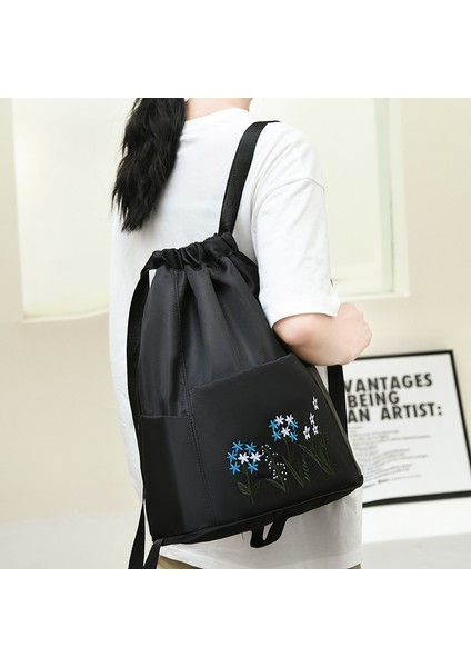 Çiçek Nakış Ipli Sırt Çantası Su Geçirmez Oxford Kumaş Katlanabilir Omuz Çantası-Siyah (Yurt Dışından) fırsatları