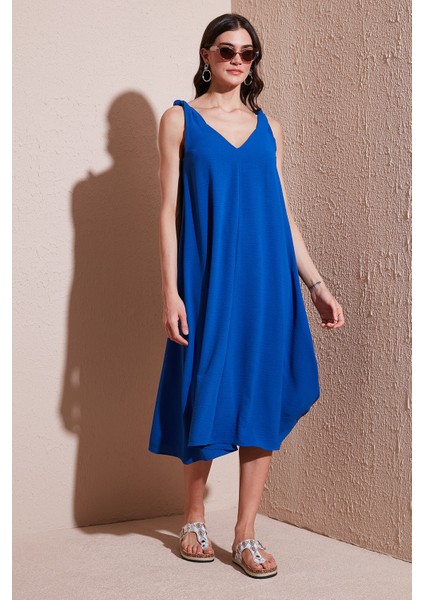 Oversize Fit V Yaka Midi Boy Basic Elbise Bayan Elbise 6788688
