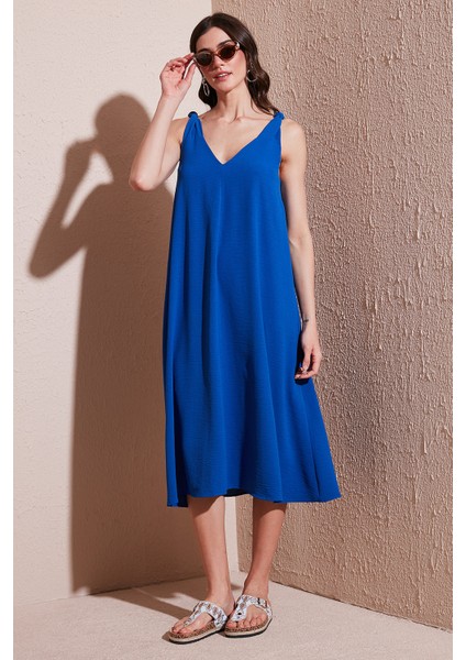 Oversize Fit V Yaka Midi Boy Basic Elbise Bayan Elbise 6788688