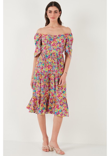 Desenli Oversize Fit Carmen Yaka Büzgü Detaylı Midi Boy Elbise Bayan Elbise 67810557 modelleri