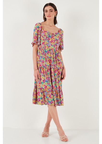 Desenli Oversize Fit Carmen Yaka Büzgü Detaylı Midi Boy Elbise Bayan Elbise 67810557 indirimleri