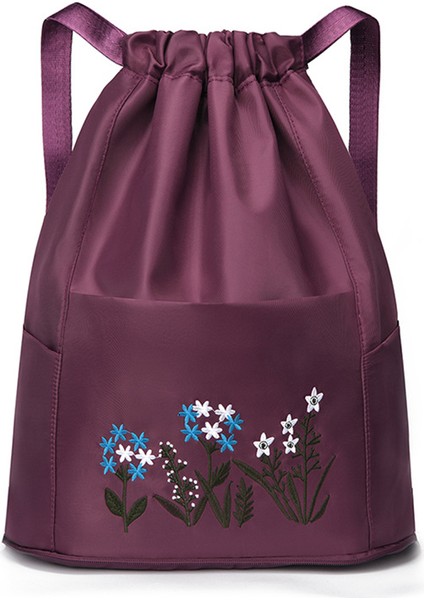 Çiçek Nakış Ipli Sırt Çantası Su Geçirmez Oxford Kumaş Katlanabilir Omuz Çantası-Koyu Mor (Yurt Dışından)