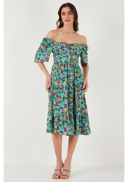 Desenli Oversize Fit Carmen Yaka Büzgü Detaylı Midi Boy Elbise Bayan Elbise 67810557 fiyatları