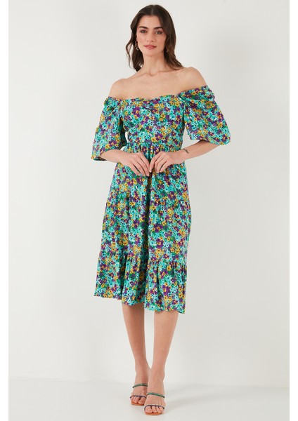 Desenli Oversize Fit Carmen Yaka Büzgü Detaylı Midi Boy Elbise Bayan Elbise 67810557 fırsatları