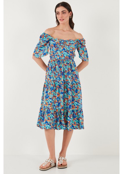 Desenli Oversize Fit Carmen Yaka Büzgü Detaylı Midi Boy Elbise Bayan Elbise 67810557 fiyatları