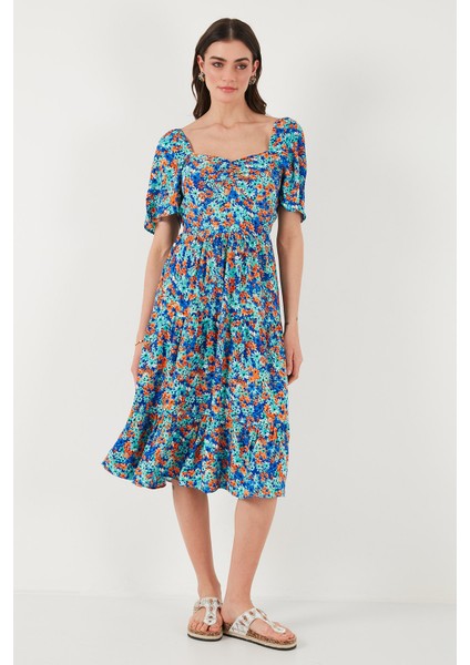 Desenli Oversize Fit Carmen Yaka Büzgü Detaylı Midi Boy Elbise Bayan Elbise 67810557 indirimleri