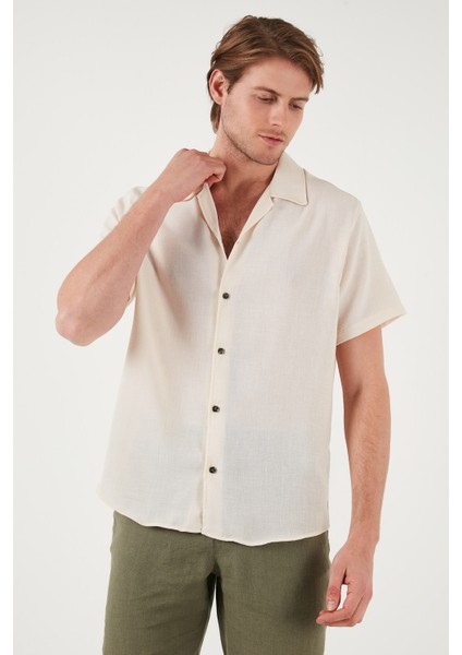 Keten Görünümlü Kısa Kollu Apaş Yaka Regular Fit Gömlek Erkek Gömlek CF23S116775