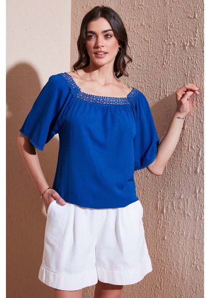 Güpürlü Regular Fit Kare Yaka Bluz Bayan Bluz 5869003