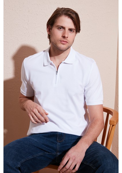Pamuklu Regular Fit Yarım Fermuarlı Polo Yaka T Shirt Erkek Polo Yaka T Shirt 5901029