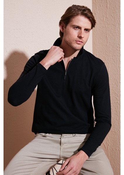Pamuklu Slim Fit Yarım Fermuarlı Polo Yaka Sweat Erkek Sweat 5903010