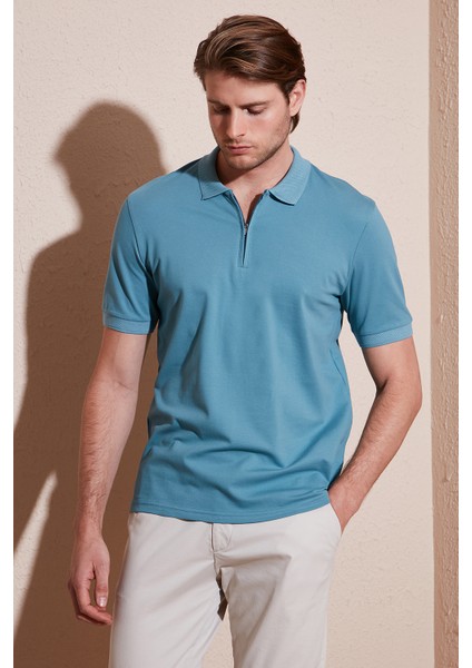 Pamuklu Regular Fit Yarım Fermuarlı Polo Yaka T Shirt Erkek Polo Yaka T Shirt 5901029