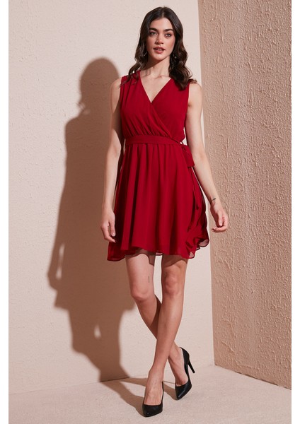 Regular Fit Kruvaze Yaka Bağlama Detaylı Şifon Mini Boy Elbise Bayan Elbise 6789075