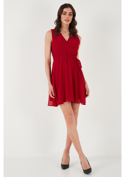 Regular Fit Kruvaze Yaka Bağlama Detaylı Şifon Mini Boy Elbise Bayan Elbise 6789075