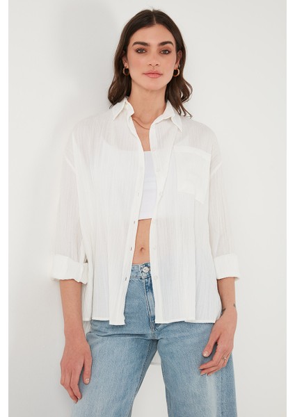 Regular Fit Tek Cepli Önü Kısa Arkası Uzun Krinkıl Gömlek Bayan Gömlek 6772752