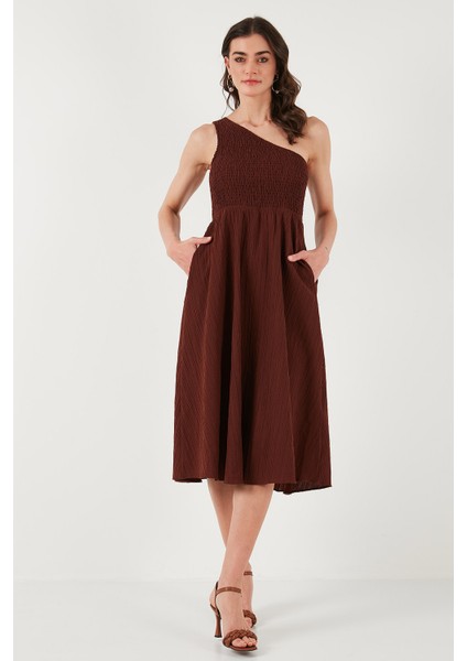 Regular Fit Tek Omuz Belden Açılan Gipeli Midi Boy Elbise Bayan Elbise 67810248
