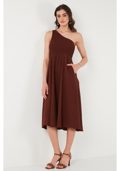 Regular Fit Tek Omuz Belden Açılan Gipeli Midi Boy Elbise Bayan Elbise 67810248