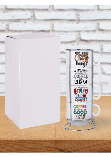 Deepcraft Stantlı 4'lü Fincan Seti Çıkmaz Baskılı Coffe&coffe Desenli
