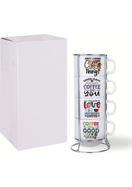 Deepcraft Stantlı 4'lü Fincan Seti Çıkmaz Baskılı Coffe&coffe Desenli