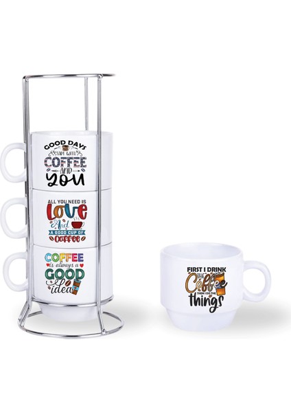 Deepcraft Stantlı 4'lü Fincan Seti Çıkmaz Baskılı Coffe&coffe Desenli