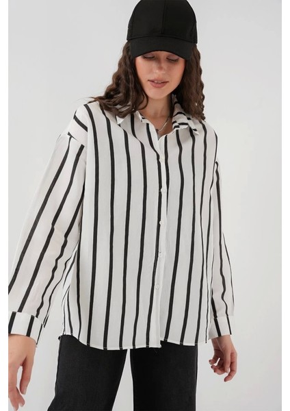 20254 Çizgili Oversize Basic Gömlek - Siyah - Beyaz