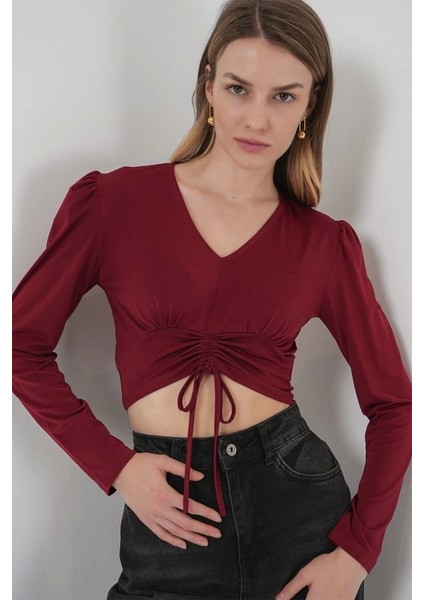 936 Sandy Crop Bluz - Bordo