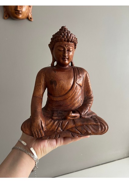 Ahşap Buda Heykeli 20 cm - Meditasyon Duruşlu (Dhyana Mudra)