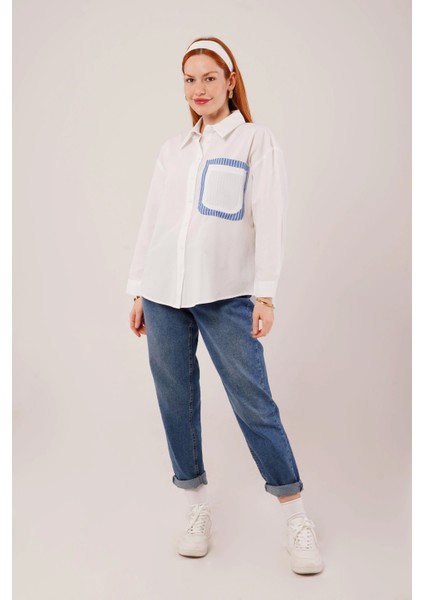 Çizgili Cep Detaylı Beyaz Gömlek fırsatları