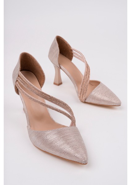 BA04412 Altın Simli Kadın Üç Taşlı Yanı Açık 8 cm Topuklu Ayakkabı - 37 fiyatları