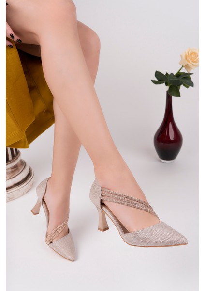 BA04412 Altın Simli Kadın Üç Taşlı Yanı Açık 8 cm Topuklu Ayakkabı - 37 modelleri