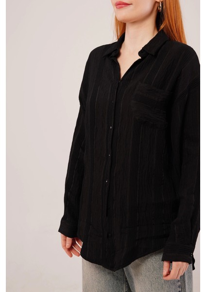 Hakim Yaka Çizgili Cep Detaylı Siyah Gömlek modelleri