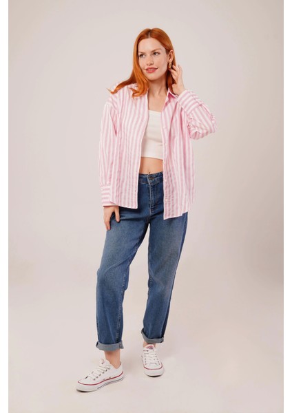 Çizgili Rahat Kesim Pembe Gömlek fırsatları