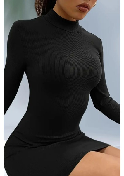 Kadın Siyah Dik Yaka Bodycon Kaşkorse Mini Elbise fiyatları