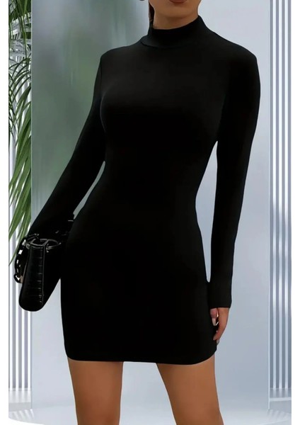 Kadın Siyah Dik Yaka Bodycon Kaşkorse Mini Elbise fırsatları