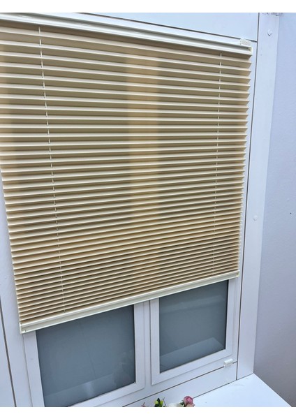 Bej Katlanır Cam Balkon Perdesi - Ofis Perdesi - Ev Perdesi - Salon Perdesi - Plise Perde