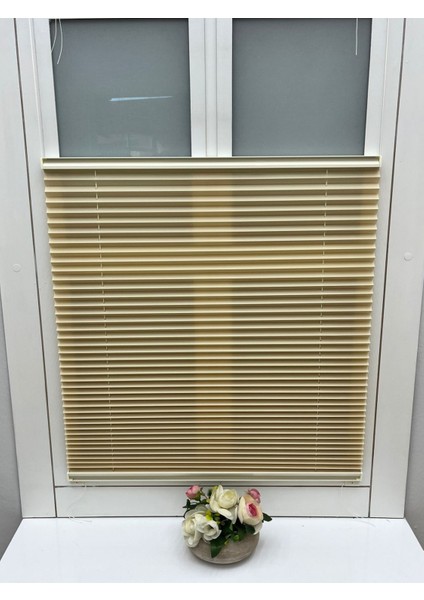 Bej Katlanır Cam Balkon Perdesi - Ofis Perdesi - Ev Perdesi - Salon Perdesi - Plise Perde
