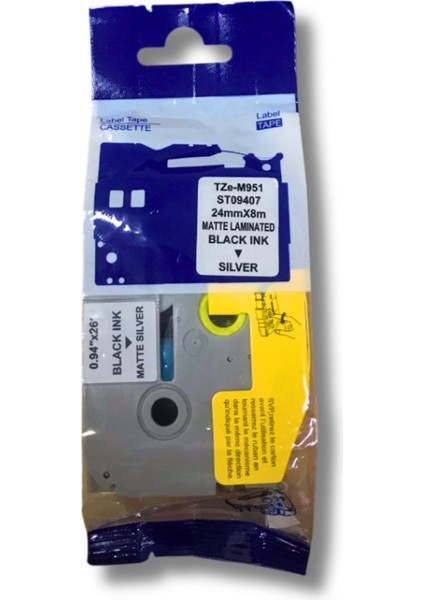 Brother TZE-M951 24MMX8M Mat Gümüş Etikete Siyah Muadil Etiket (Laminasyon Şerit)