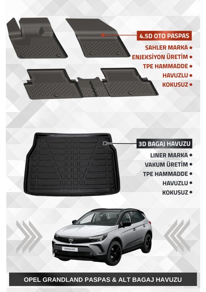 Opel Grandland 2017-2024 Uyumlu 4.5d Premium Havuzlu Oto Paspas ve Liner Marka 3D Alt Bagaj Havuzu - Grandland