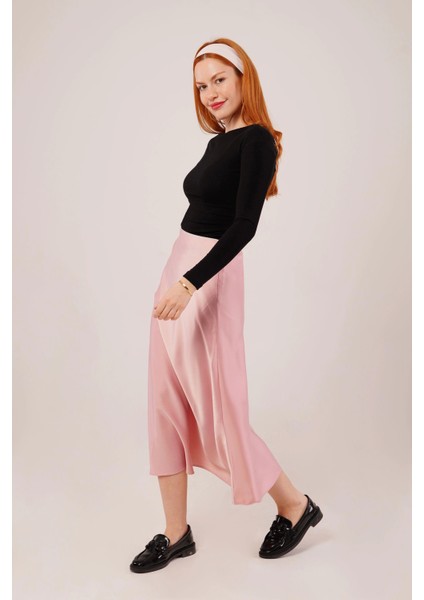 Çan Kesim Midi Pembe Saten Etek