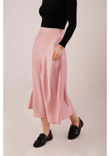 Çan Kesim Midi Pembe Saten Etek