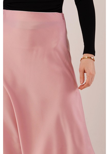 Çan Kesim Midi Pembe Saten Etek