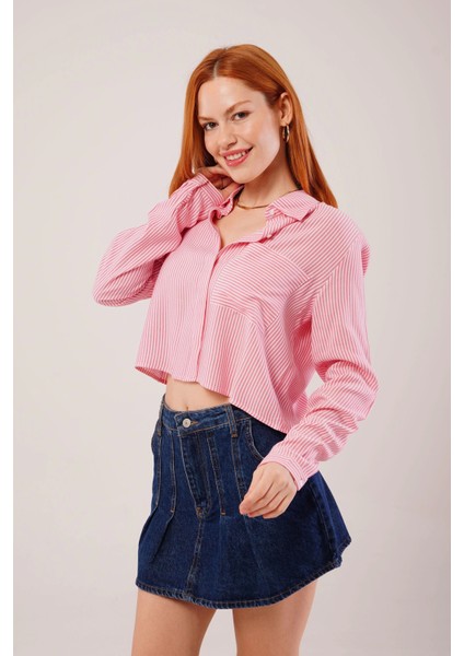 Tek Cep Çizgili Pembe Kısa Gömlek