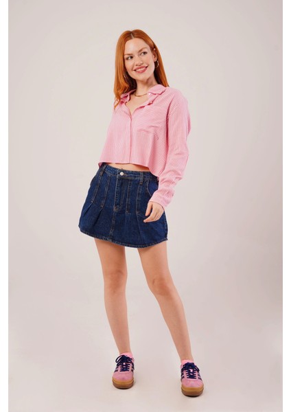 Tek Cep Çizgili Pembe Kısa Gömlek