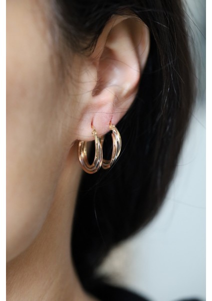 14 Ayar Altın Üç Renkli Iç Içe Halkalar Küpe 2